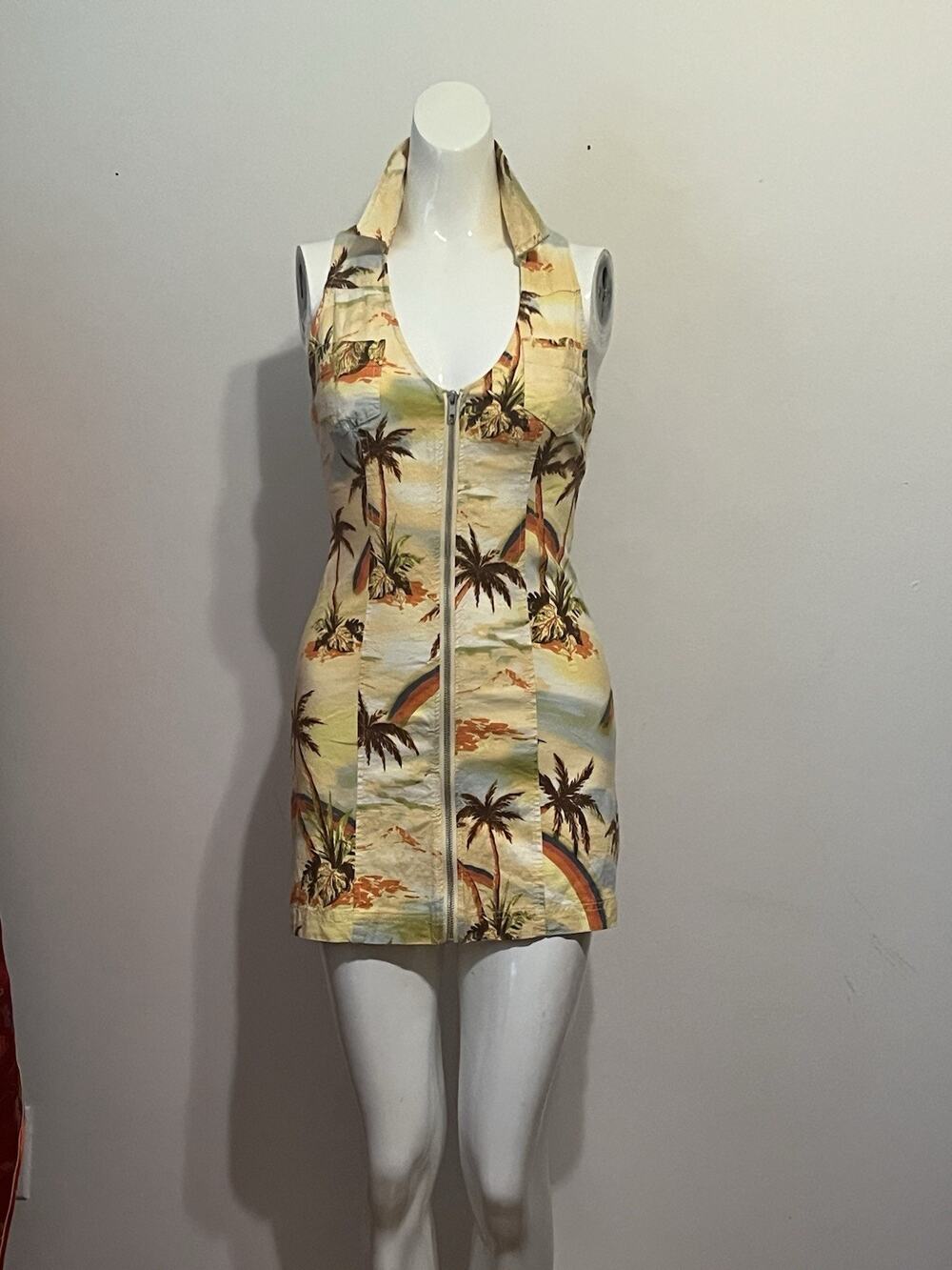 URBAN OUTFITTERS | Halter Linen Blend Palm Rainbow dress w/ front Zipper | XS/TP